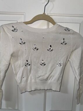 bebe White Embellished Crewneck Sweater with Crystal Accents